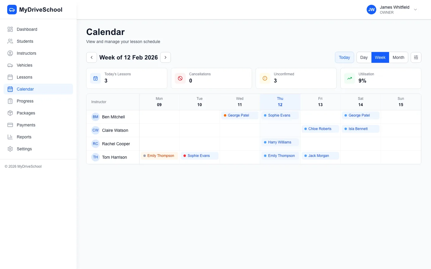 Drag-and-drop lesson rescheduling on the weekly calendar view
