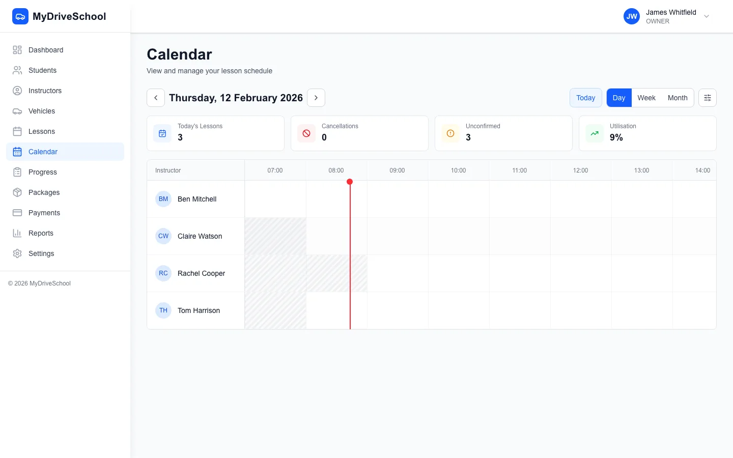 Instructor weekly availability editor with time block templates and pending time-off requests